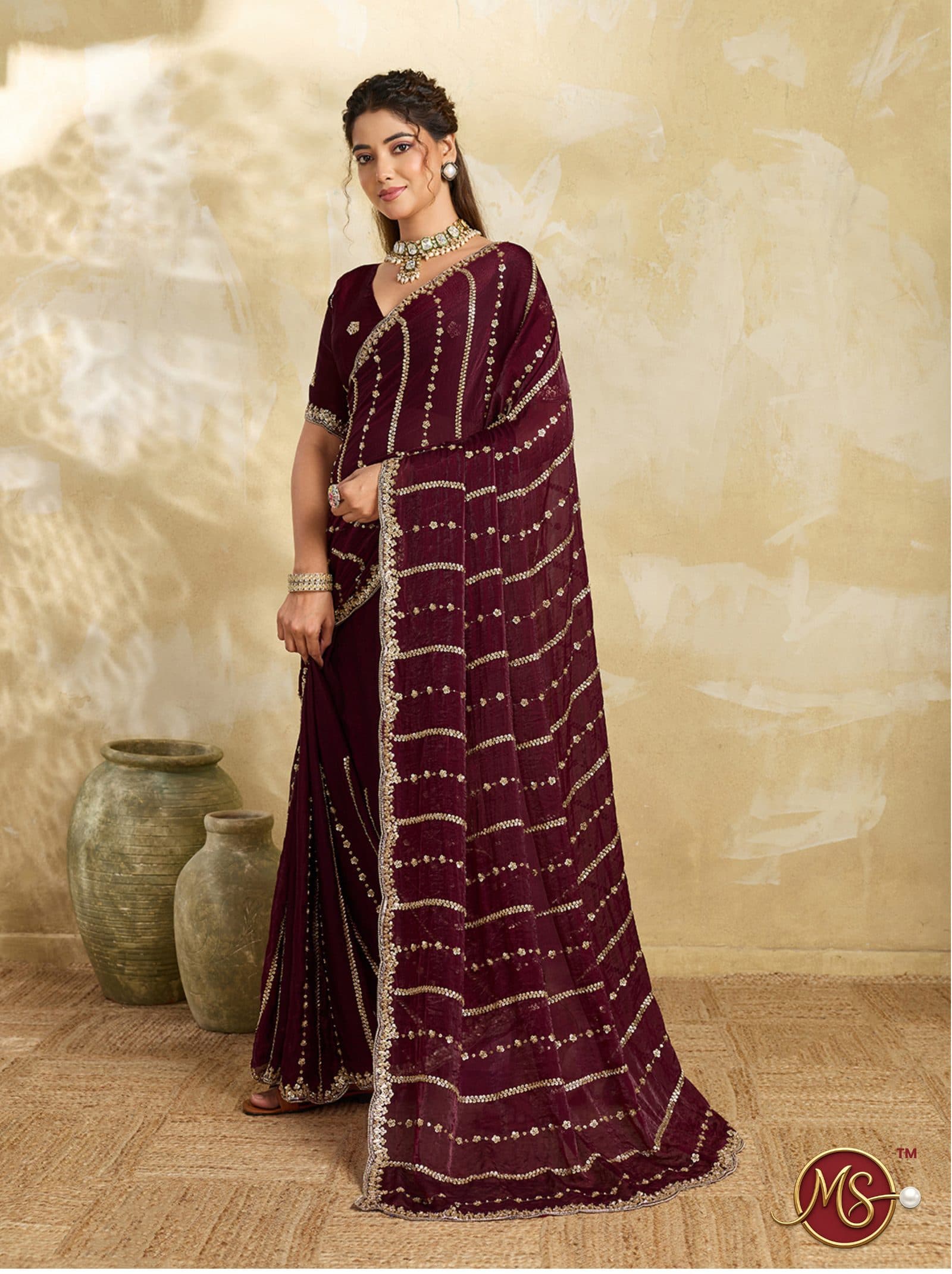Maroon Sequined Stripe Georgette Saree