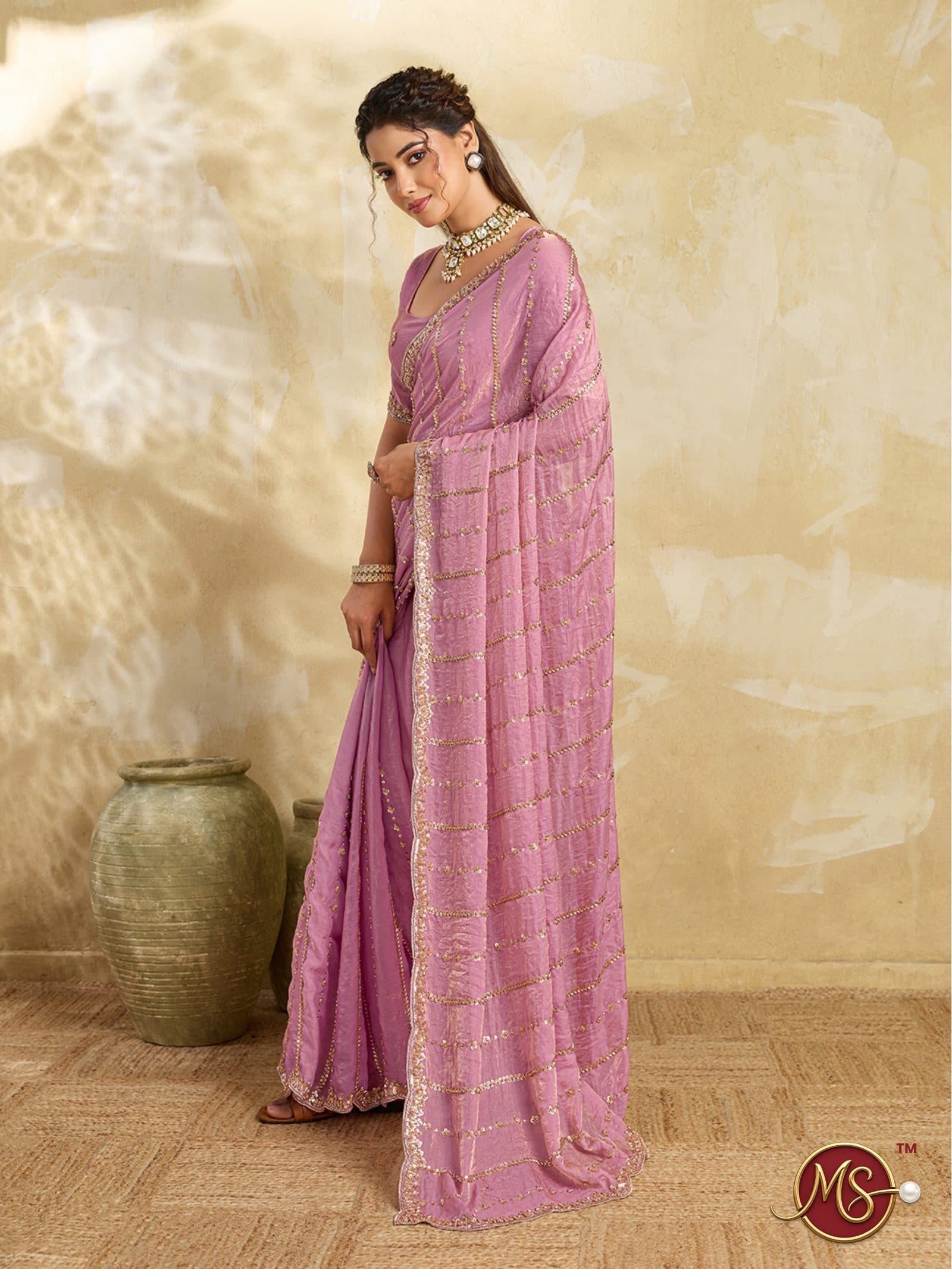 Pink Sequined Stripe Georgette Saree