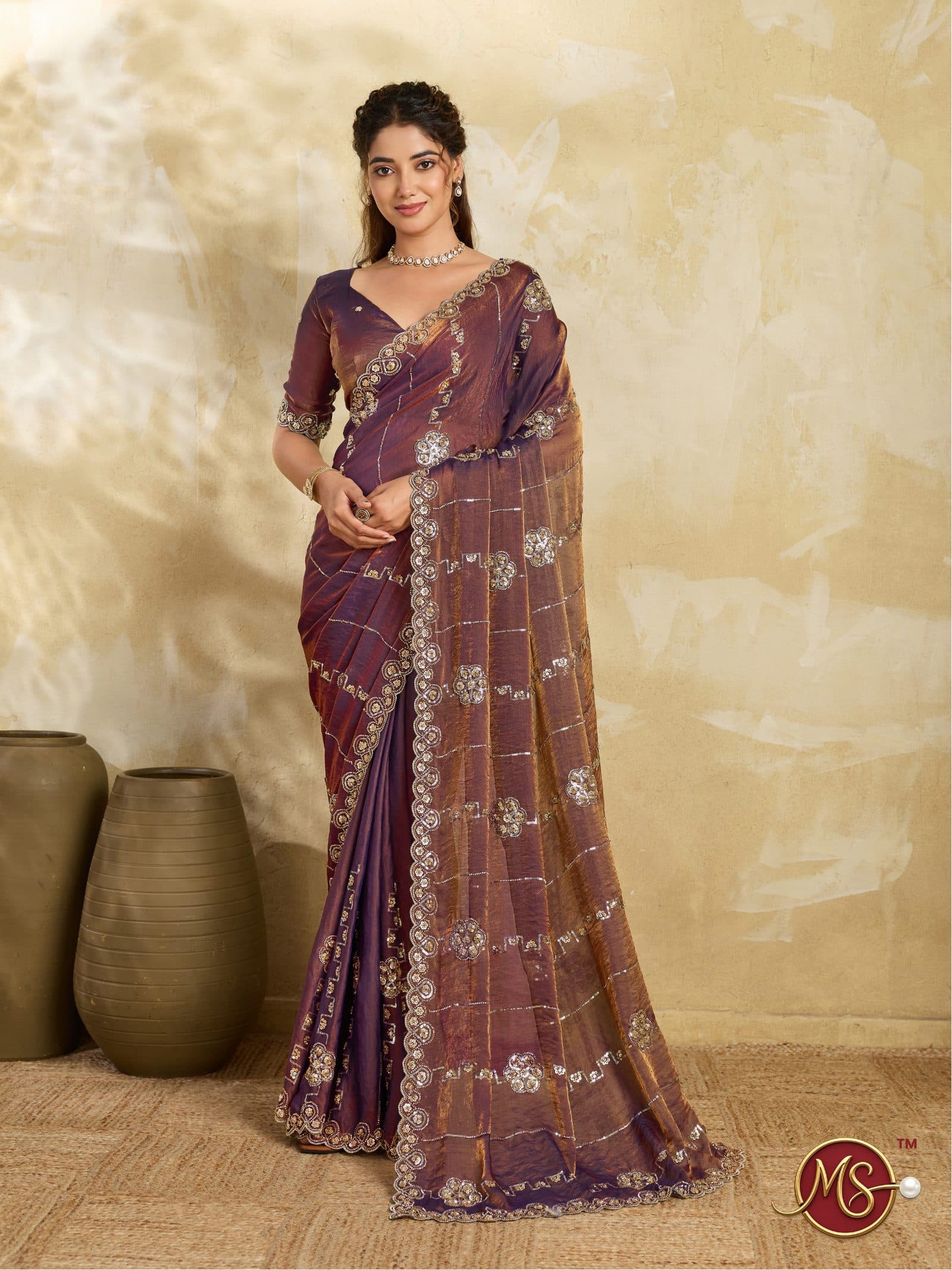 Coffee Scalloped Floral Shimmer Georgette Saree