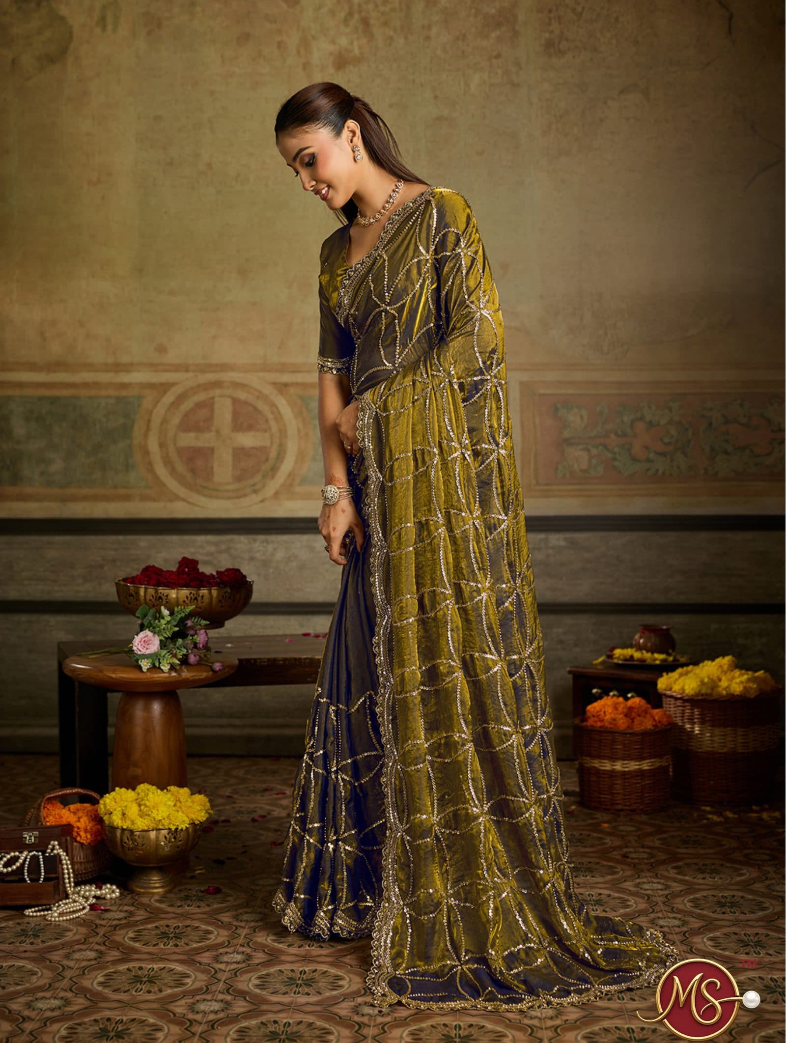 Mehndi All-Over Sequin Motif Georgette Saree