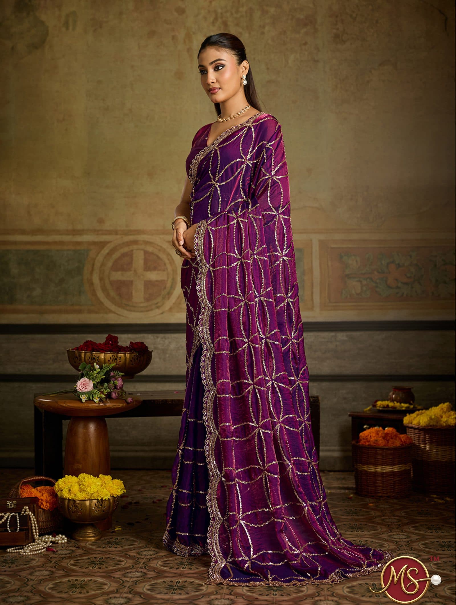 Wine All-Over Sequin Motif Georgette Saree