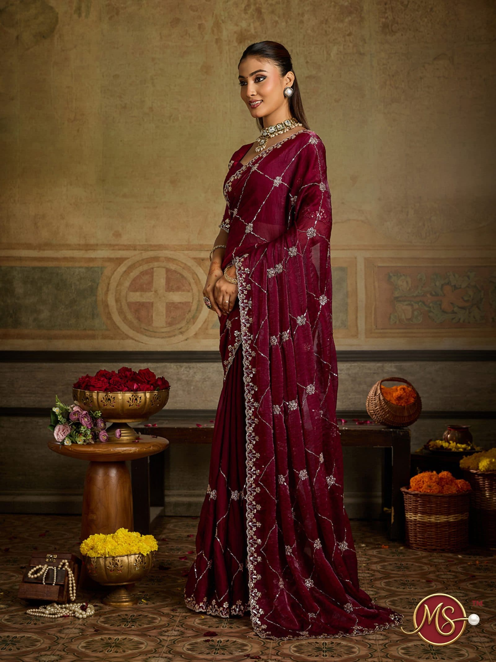 Maroon Diamond Grid Organza Saree