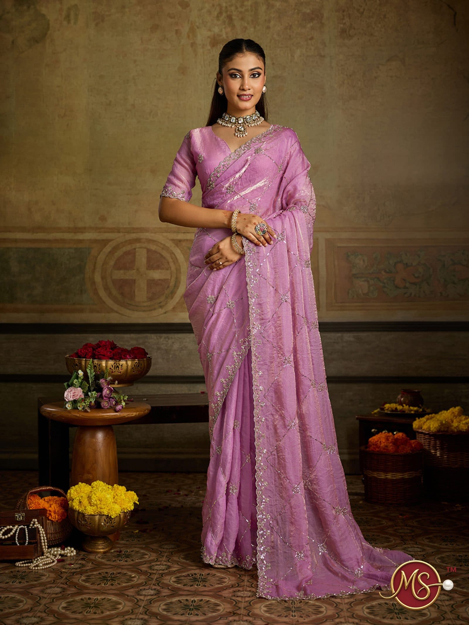 Pink Diamond Grid Organza Saree