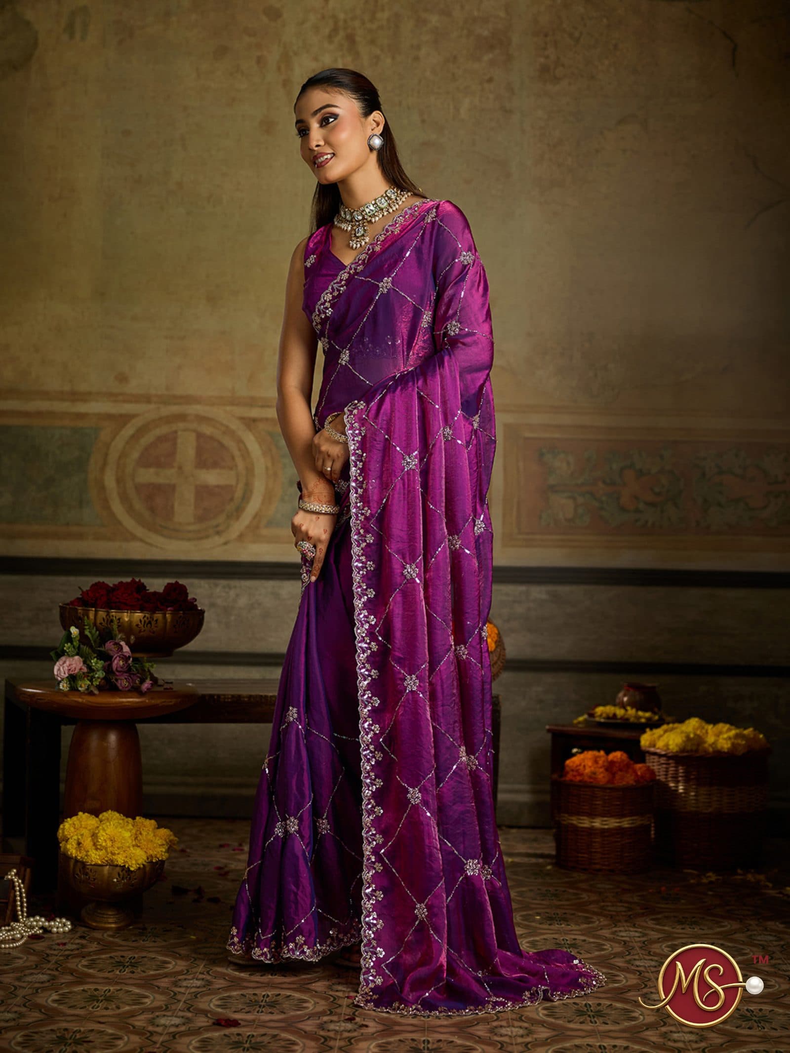Wine Diamond Grid Organza Saree
