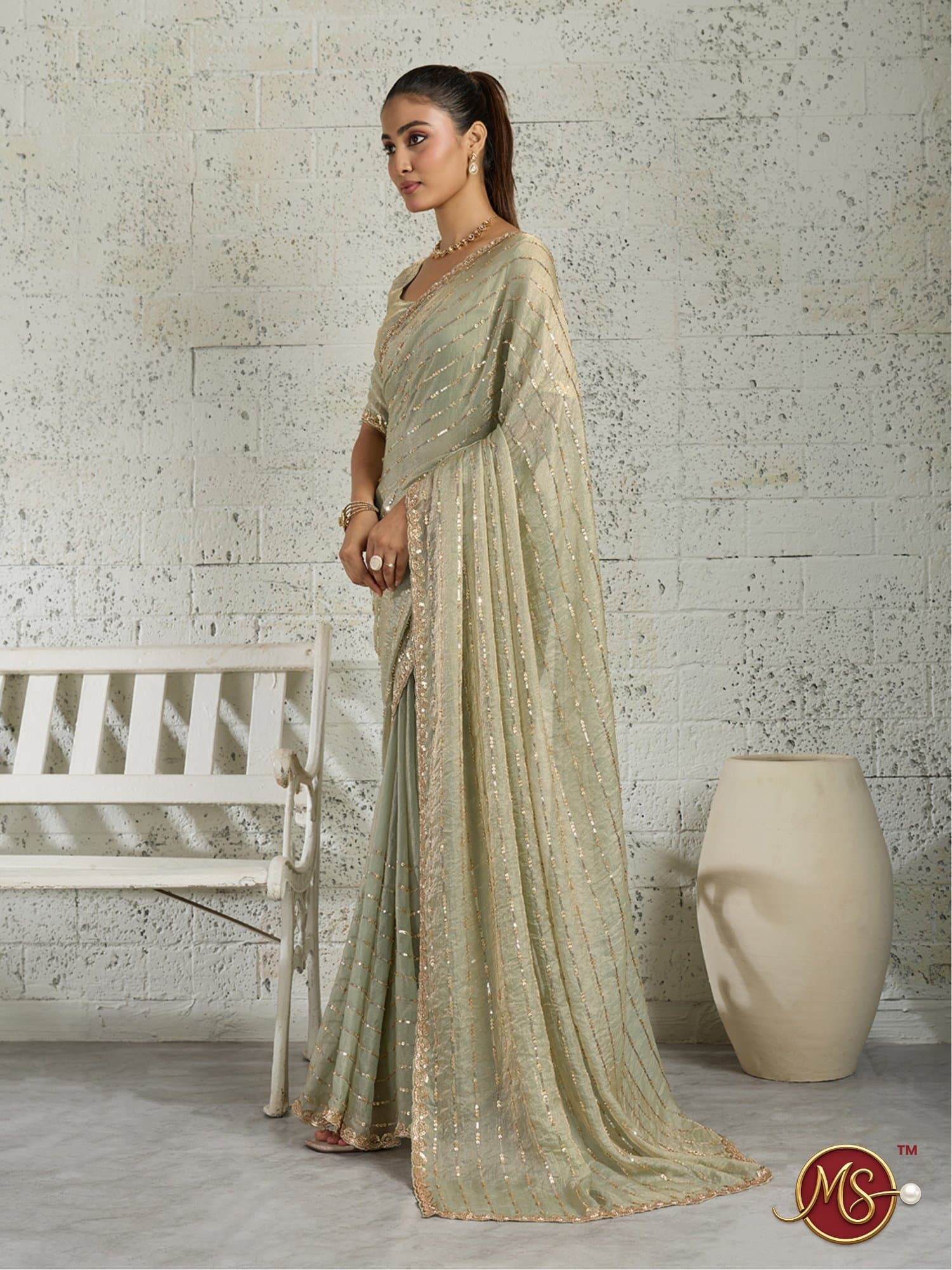 Pista Vertical Sequin Stripe Georgette Saree