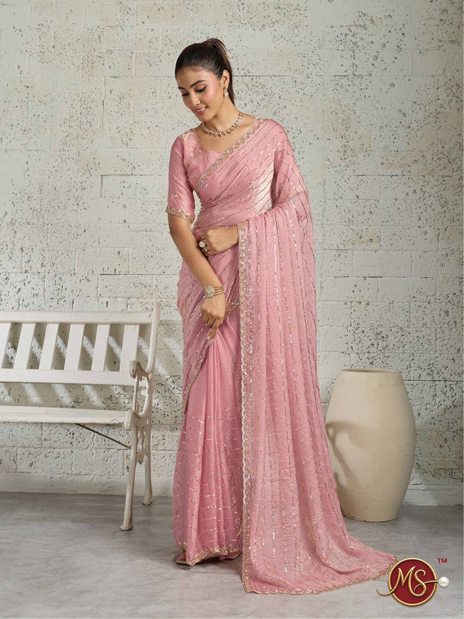 Peach Vertical Sequin Stripe Georgette Saree