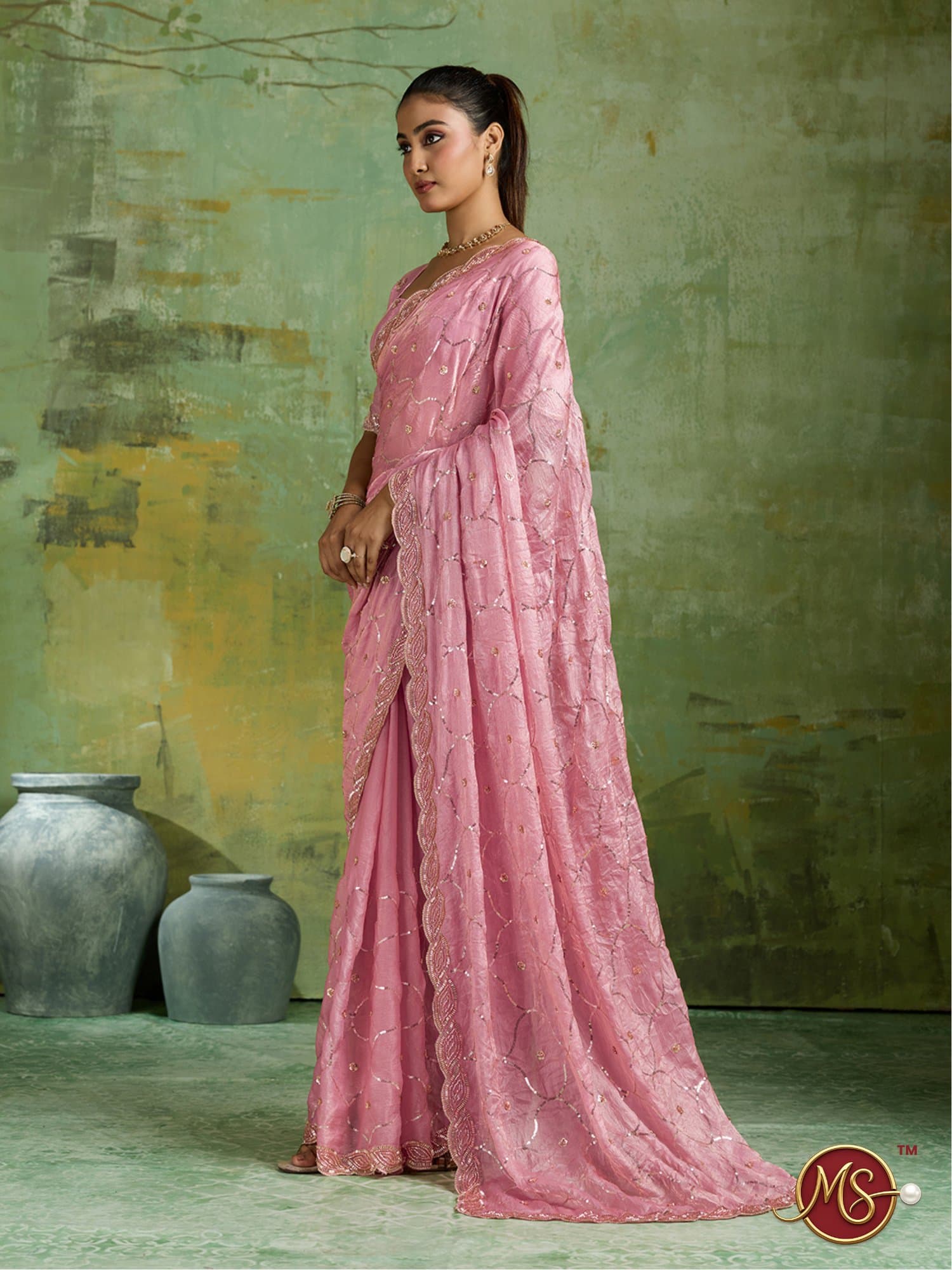 Peach Scalloped Trellis Embroidered Georgette Saree