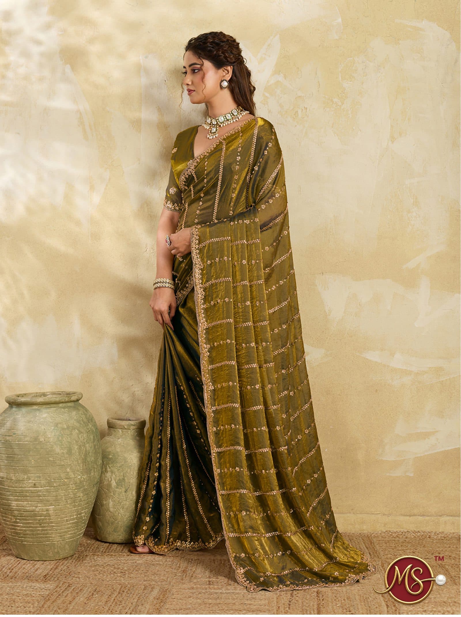 Mehndi Sequined Stripe Georgette Saree