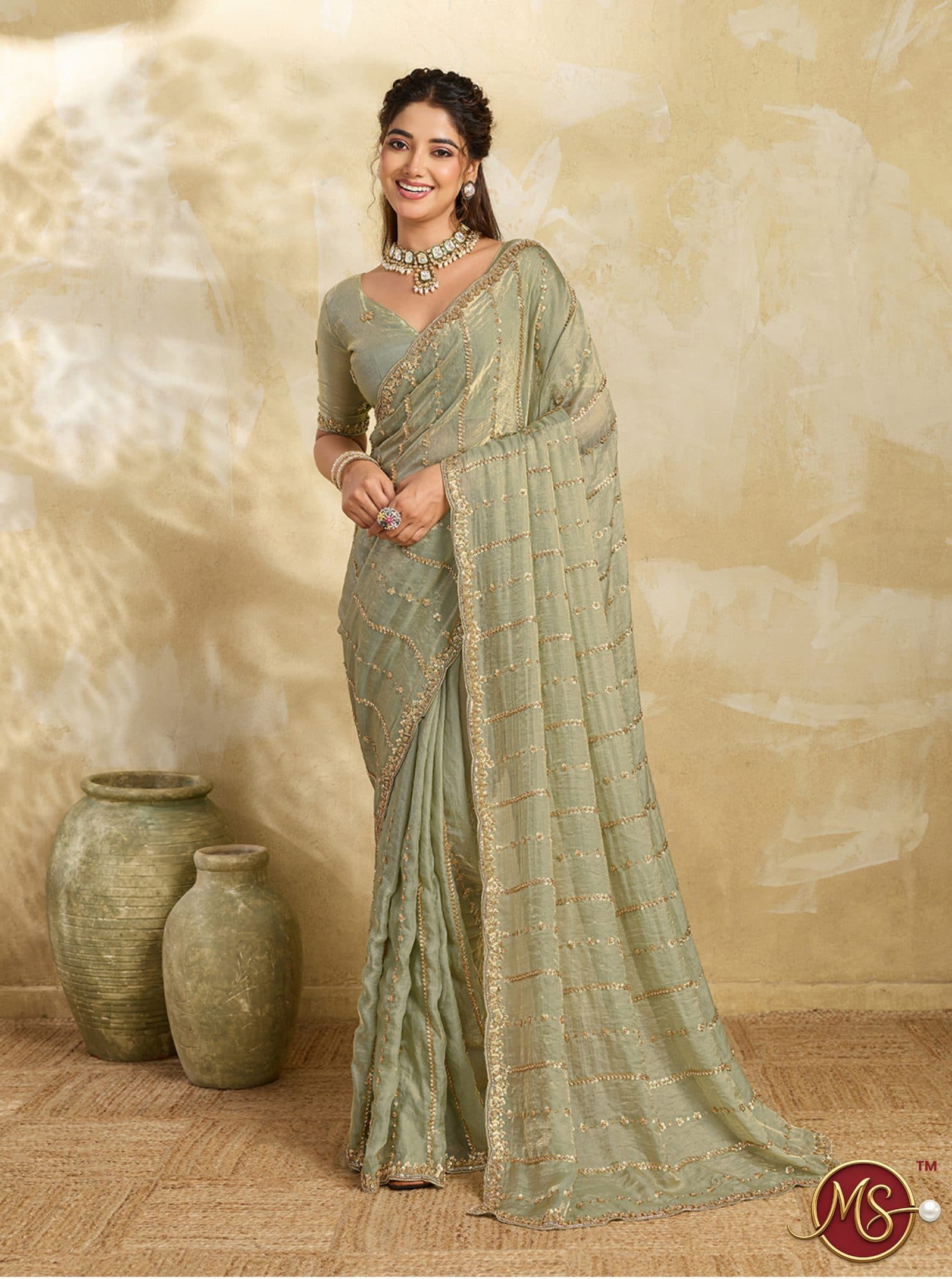 Pista Sequined Stripe Georgette Saree