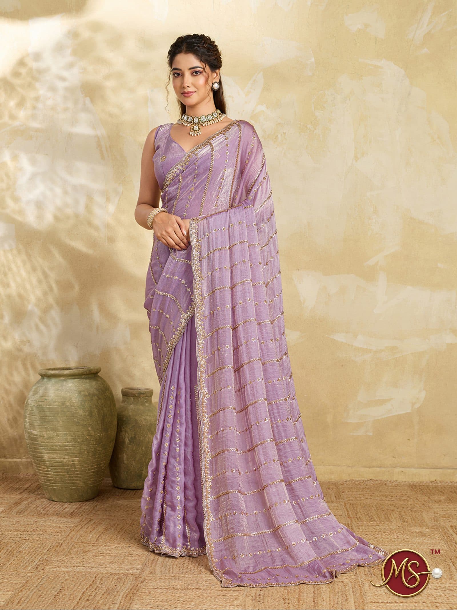 Purple Sequined Stripe Georgette Saree