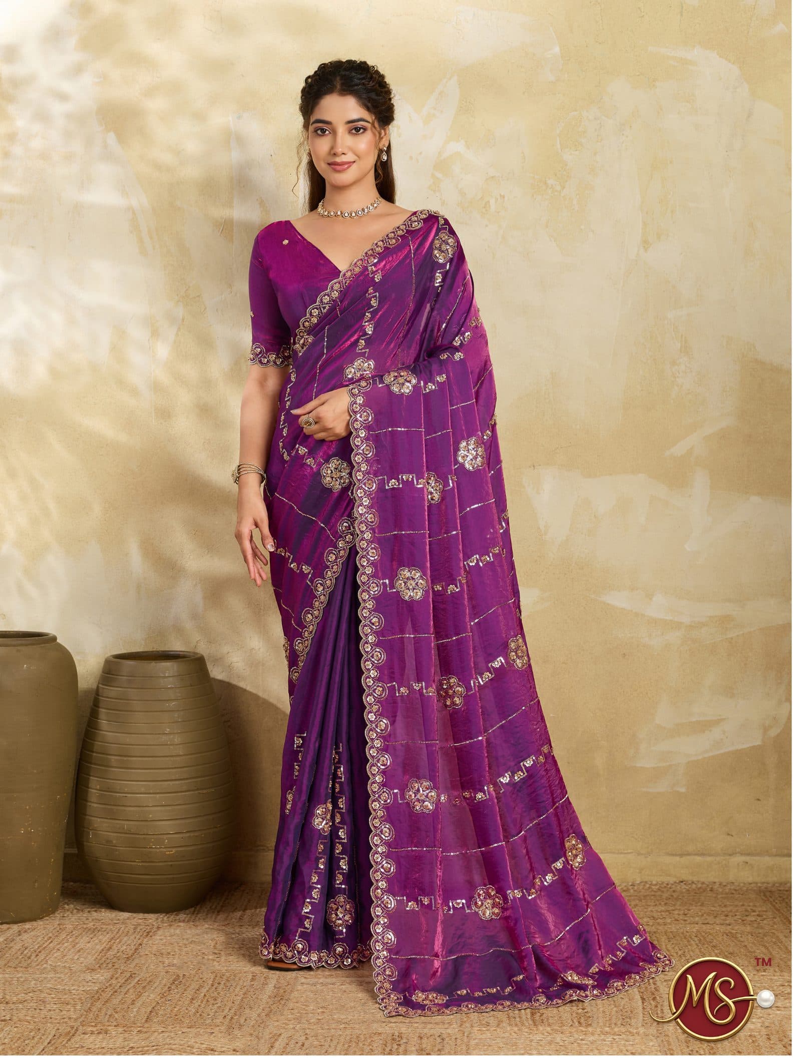 Wine Scalloped Floral Shimmer Georgette Saree