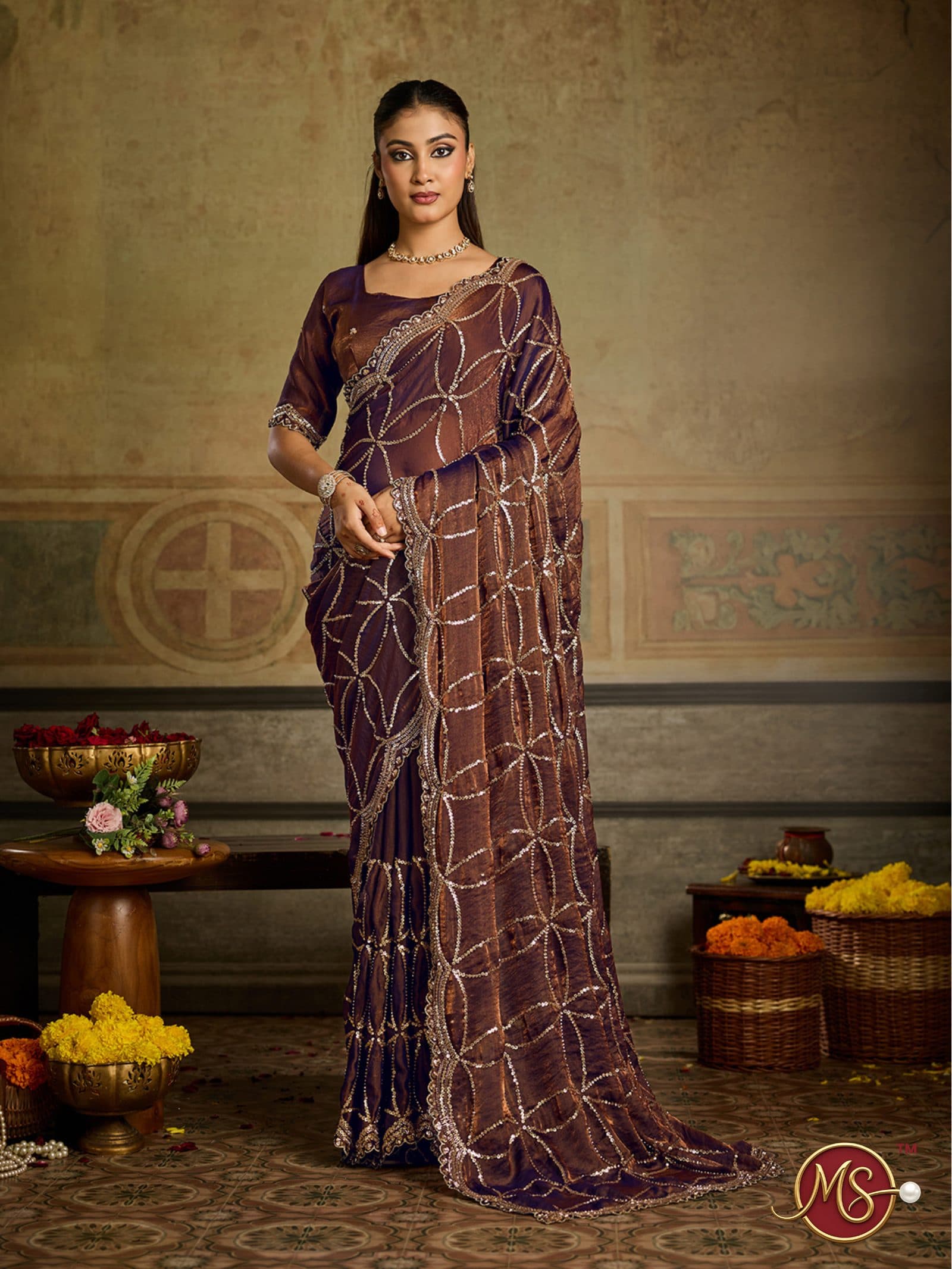 Coffee All-Over Sequin Motif Georgette Saree