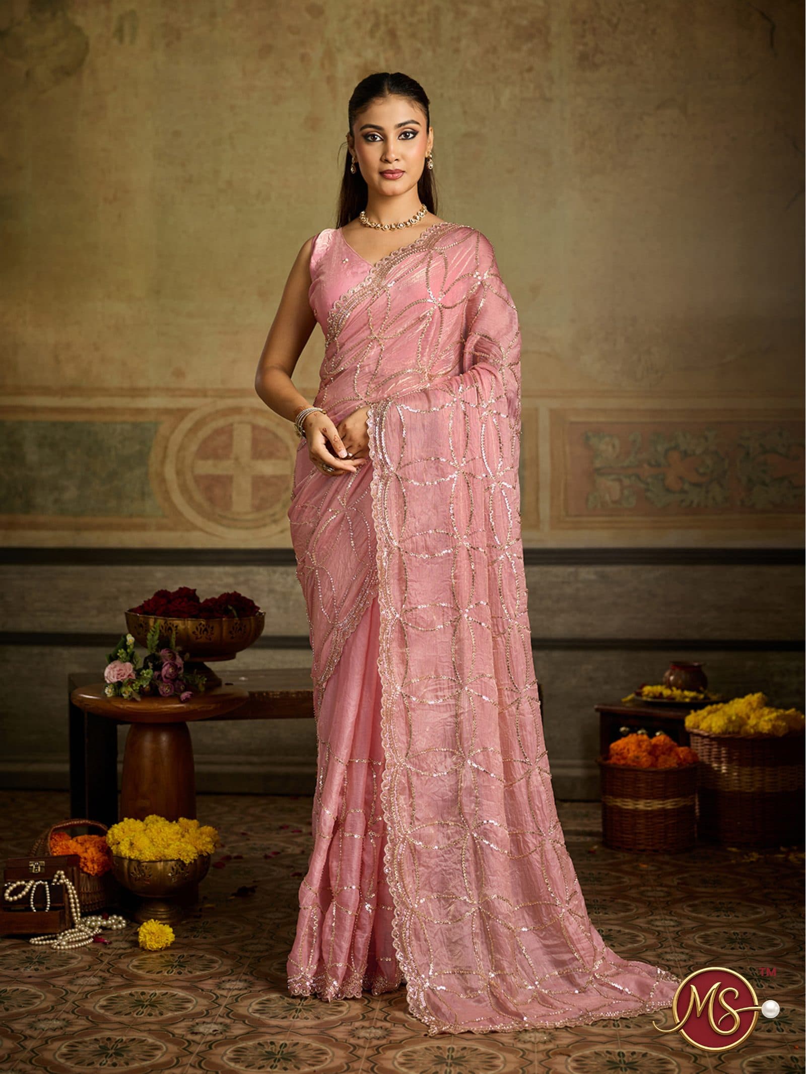 Peach All-Over Sequin Motif Georgette Saree