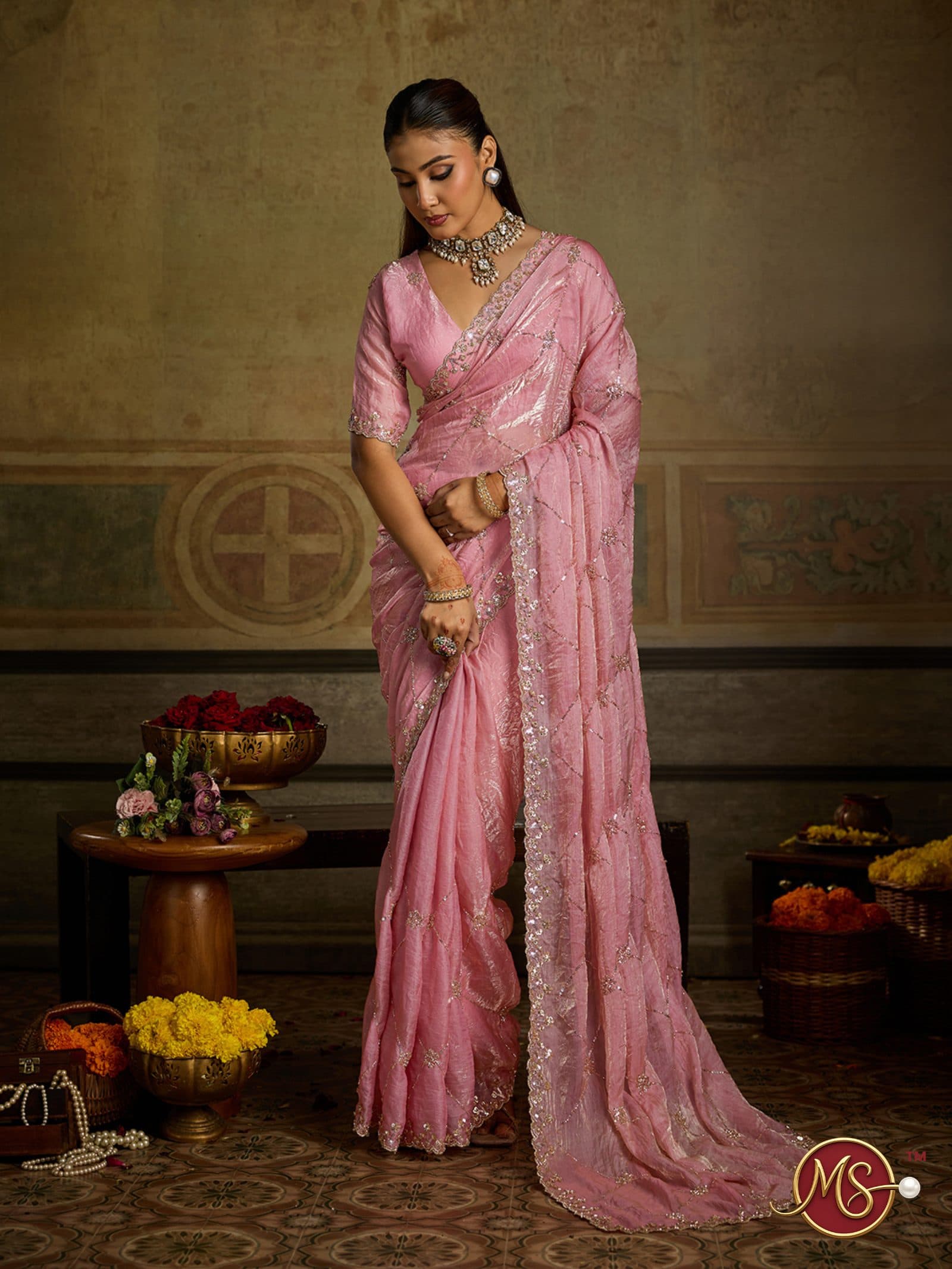 Peach Diamond Grid Organza Saree