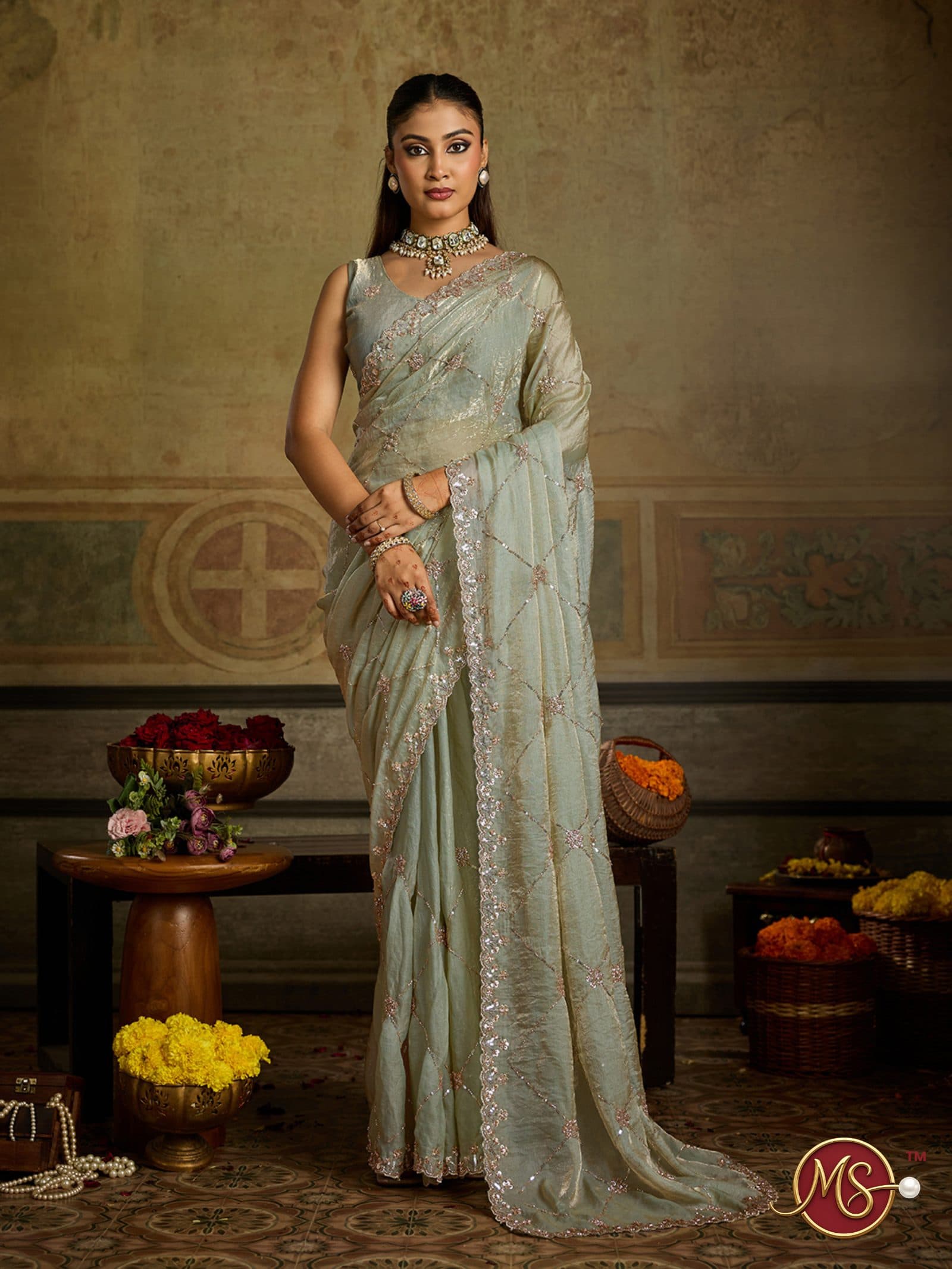Pista Diamond Grid Organza Saree
