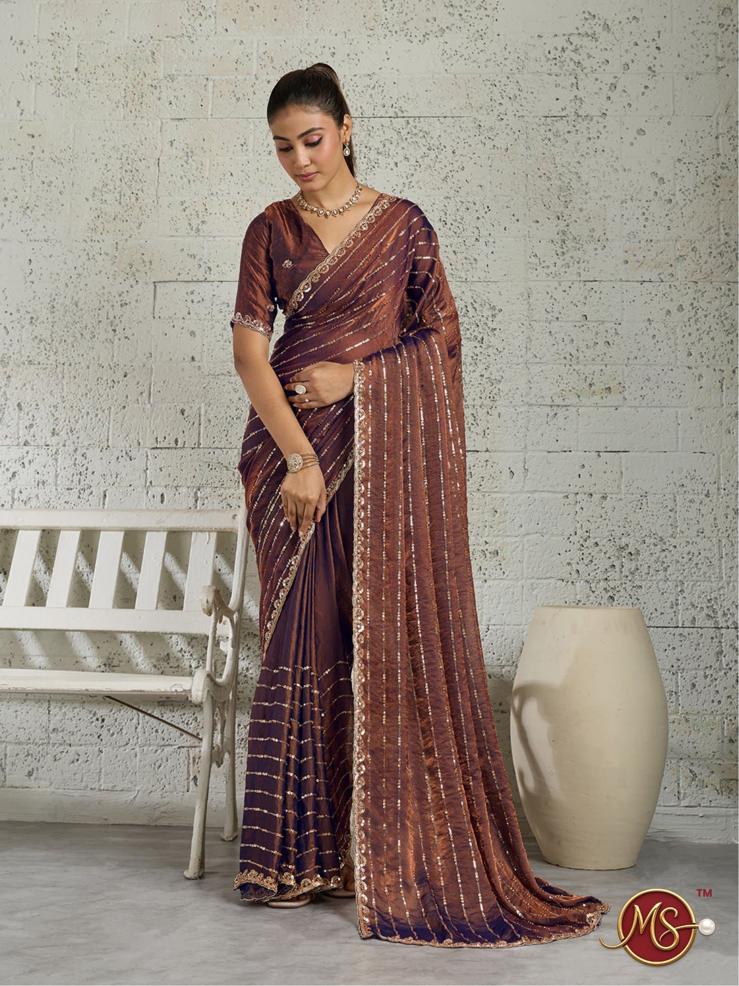 Coffee Vertical Sequin Stripe Georgette Saree