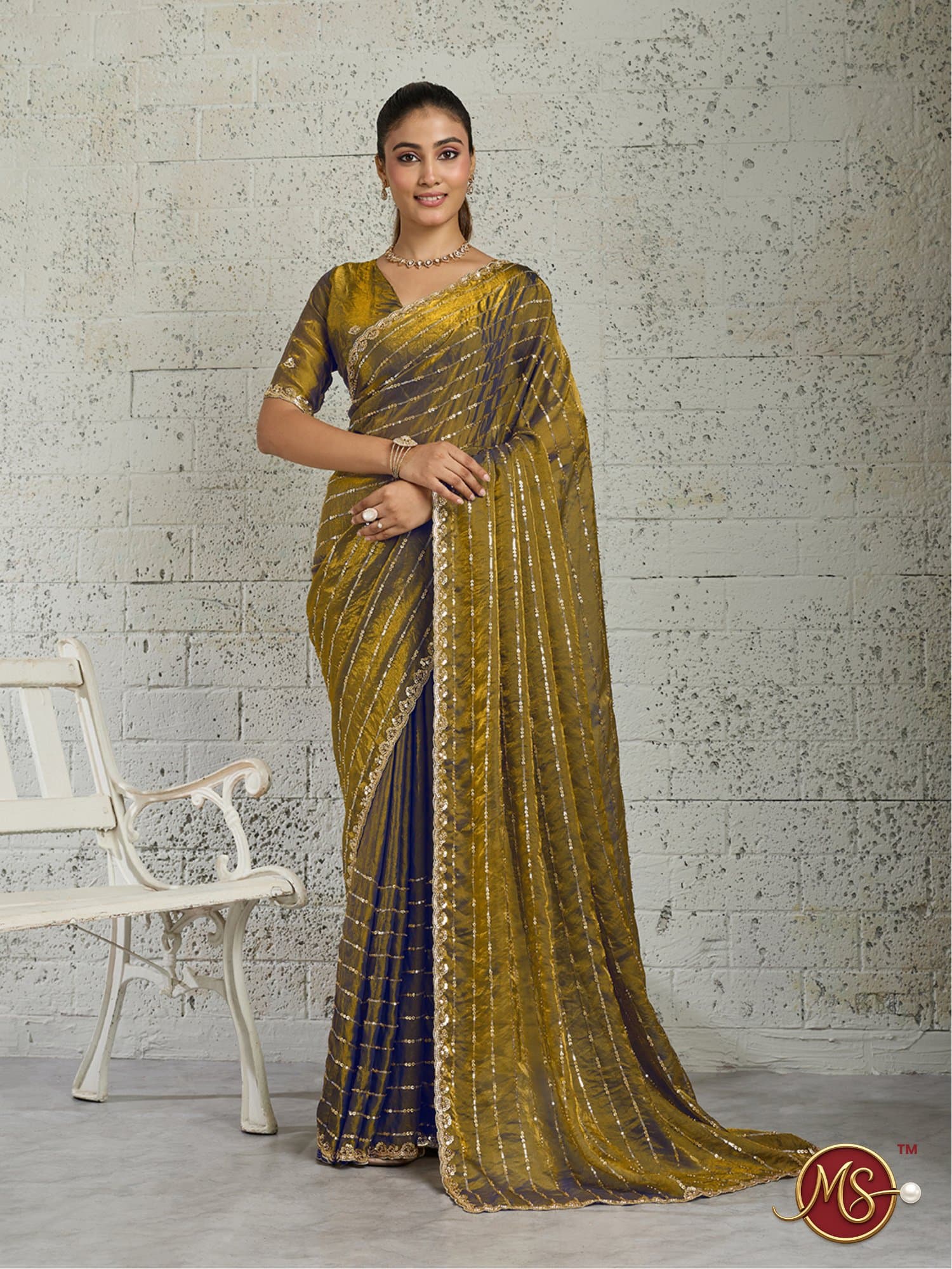 Mehndi Vertical Sequin Stripe Georgette Saree