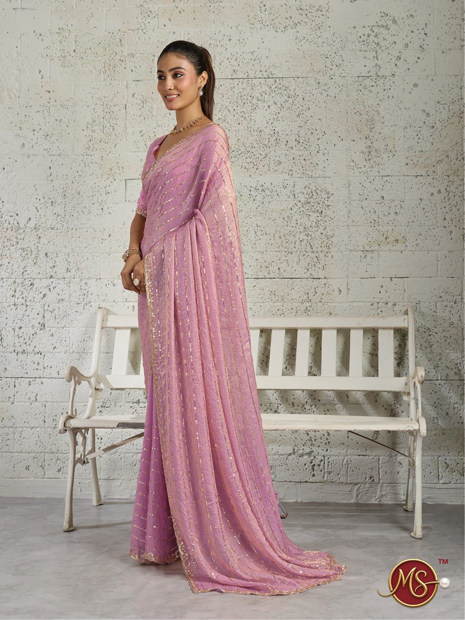 Pink Vertical Sequin Stripe Georgette Saree