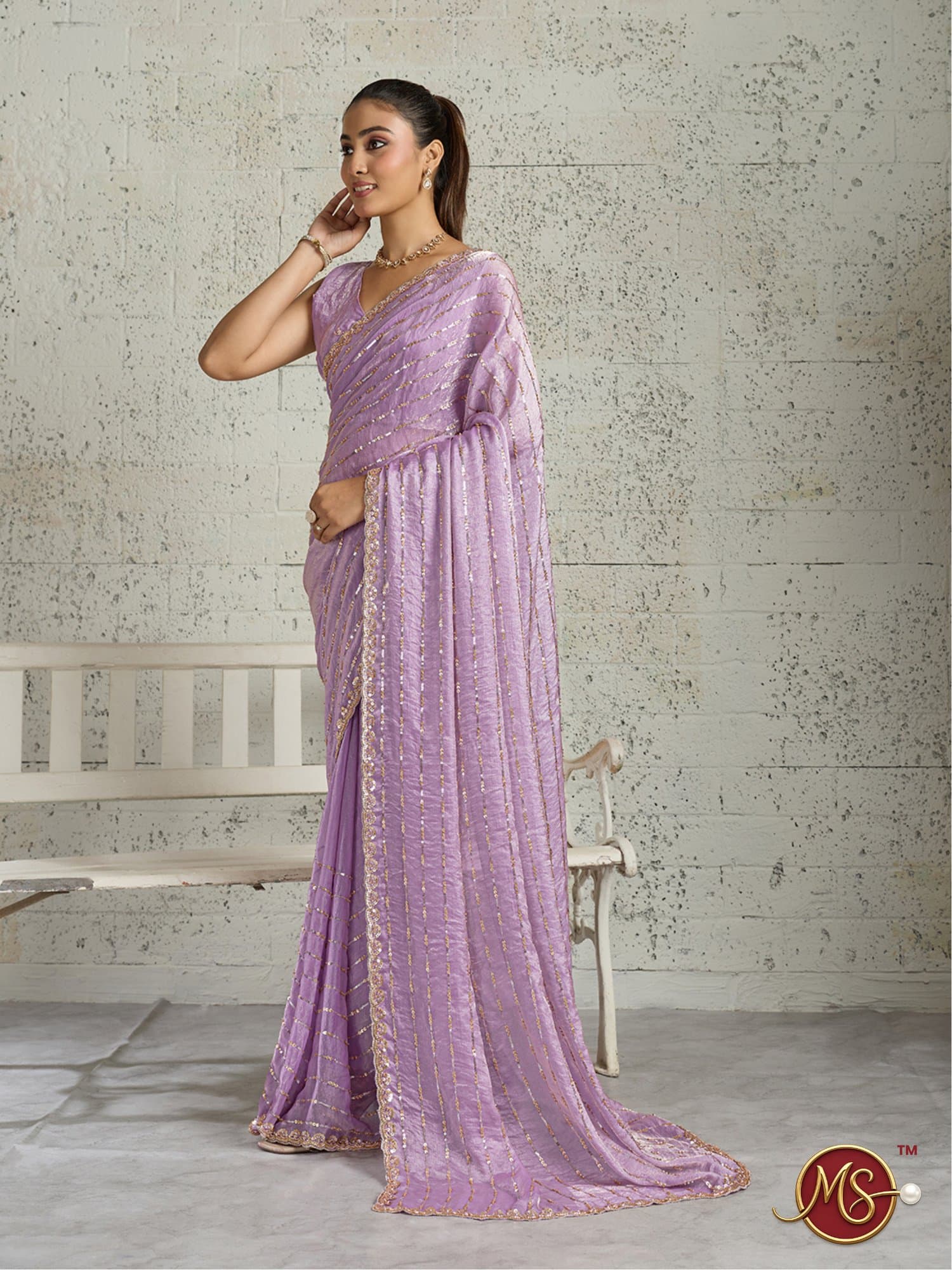 Purple Vertical Sequin Stripe Georgette Saree