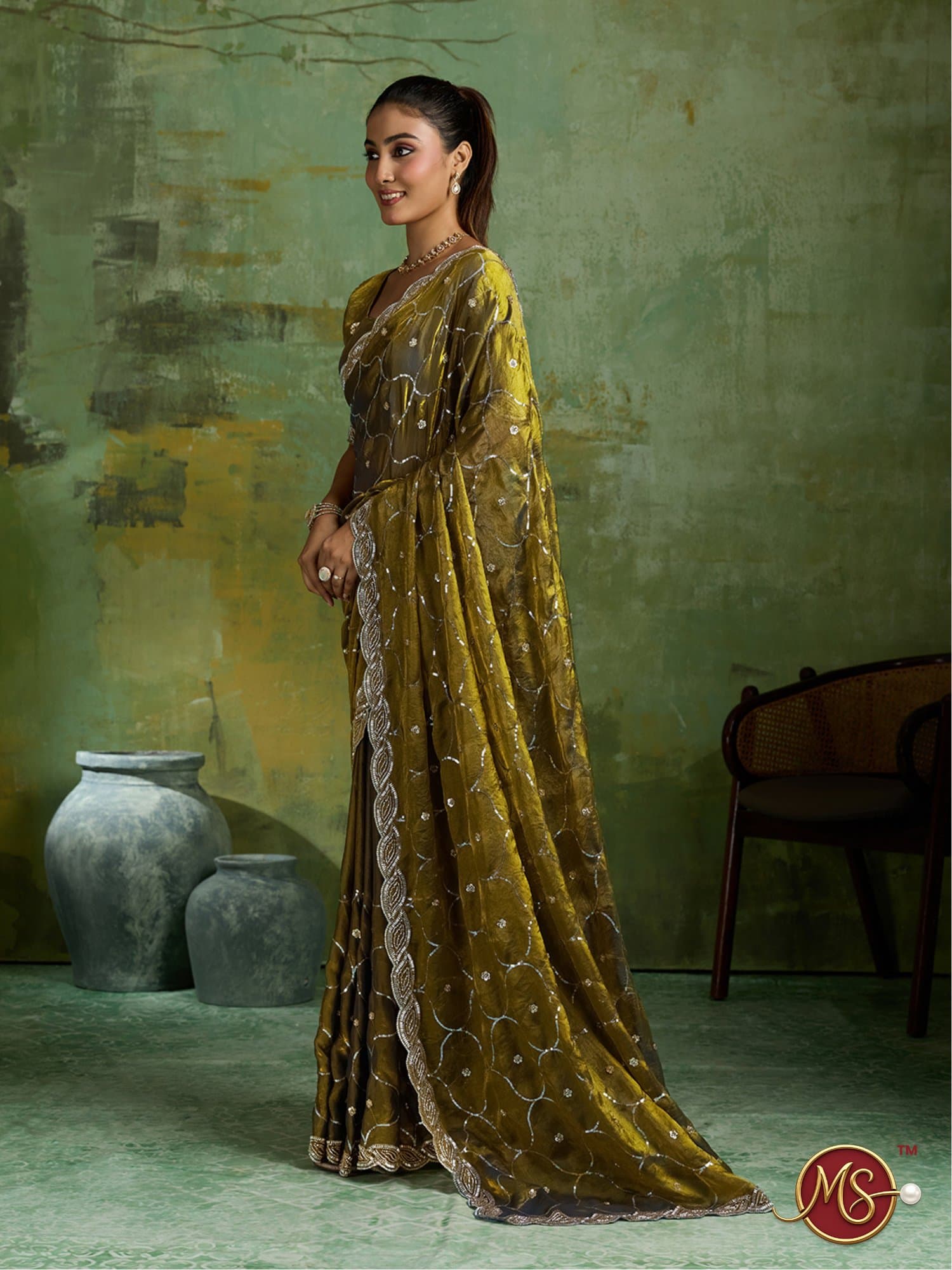 Mehndi Scalloped Trellis Embroidered Georgette Saree
